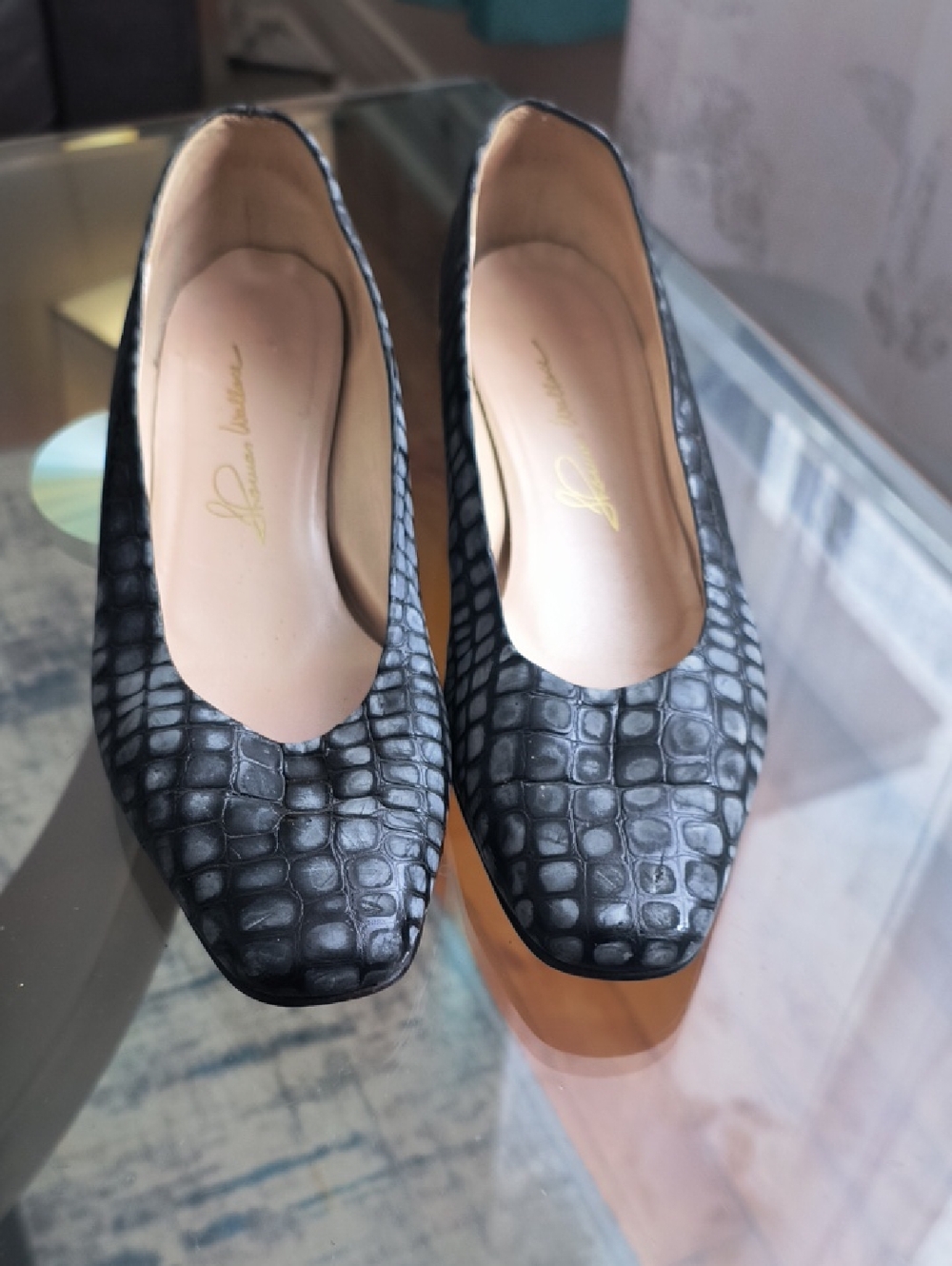 Croc-Embossed Black Square-Toe Flats by Thomas Wallace Size 10.5